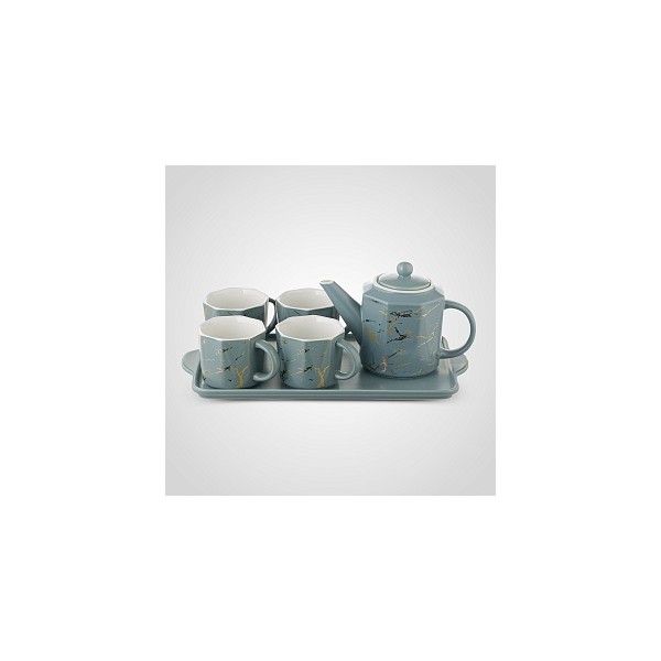 Service à Thé Céramique Gris-Bleu - Plateau, Théière, 4 Mugs "Marbre"