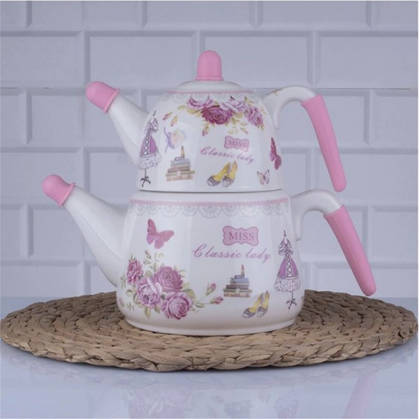 théière thé porcelaine - fleur rose - Double pot